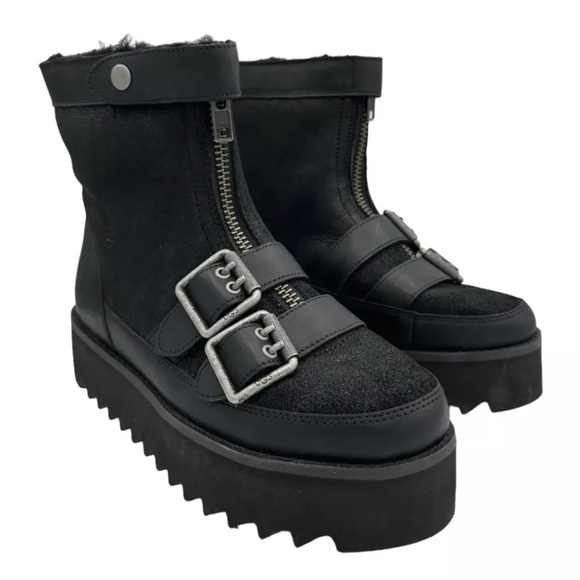 UGG CLASSIC MOTO PUNK MINI BLACK BOMBER SUEDE PLATFORM ANKLE BOOTS SIZE 6 WOMEN - Picture 1 of 6